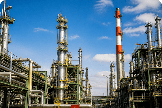 Industrial distillation towers and chemical processing plant in daylight