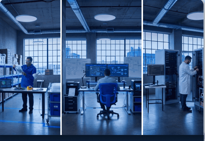 Industrial technicians and operations control room monitoring