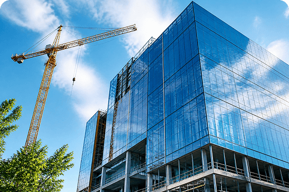 Commercial high-rise engineering with tower crane and architectural glass